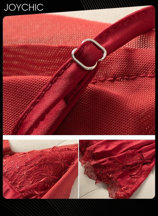 Joychic Solid Colour Sweet Pajamas for Women Spring and Autumn Ice Silk Breathable Suspenders Nightgown Backless Evening Dress with Adjustable Straps Wine Red - Image 4