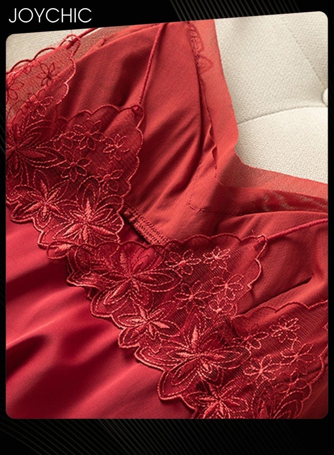 Joychic Solid Colour Sweet Pajamas for Women Spring and Autumn Ice Silk Breathable Suspenders Nightgown Backless Evening Dress with Adjustable Straps Wine Red - Image 3