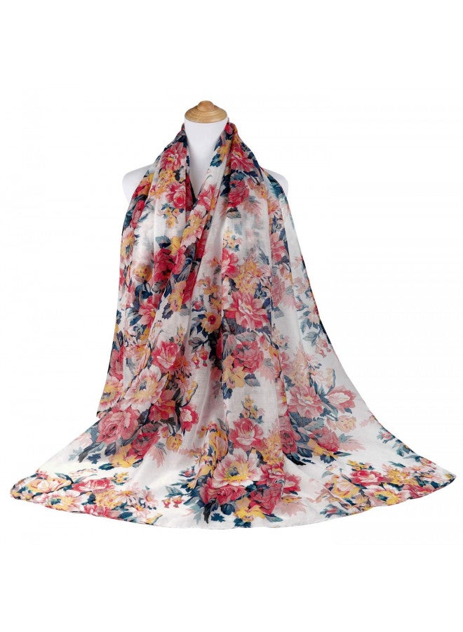GERINLY Scarves for Women Bright Florals Fashion Head Scarf Cotton Wraps and Shawls with Natural Scenery (White) - Image 4