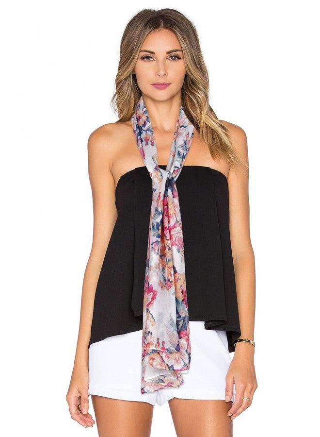 GERINLY Scarves for Women Bright Florals Fashion Head Scarf Cotton Wraps and Shawls with Natural Scenery (White) - Image 1