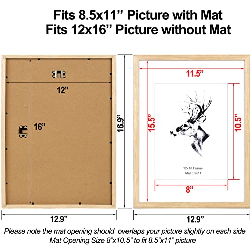 Yaetm 12x16 Picture Frame with Mat for 8.5x11 Set of 2, Natural Solid Oak Wood Frame 12x16 for Photos, Posters & Art Prints, for Horizontal and Vertical Wall Mount (2 pack, Oak) - Image 2
