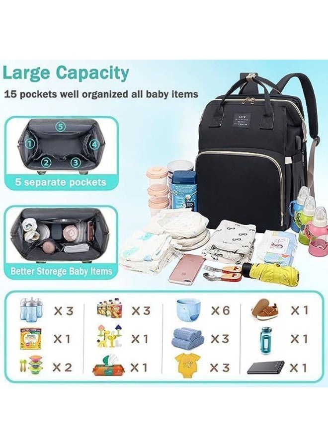 لاند Land Unisex Baby 4-in-1 Diaper Bag Backpack for Babies — Premium Multifunctional Changing Backpack with Built-in USB Charging Port, Portable Changing Station & Toy Bar, Large Organized Compartments, Anti-theft Back Pocket, Water-resistant Fabric, Comfortable Padded Straps — Travel-Ready Baby Bag for Moms & Dads in Saudi Arabia | Black | Ideal for Newborns, Toddlers, Flight & Car Trips, Hospital Visits, Daily Walks, Nursery, Overnight Stays, Gift for New Parents, Spacious & Stylish Organizer for Bottles, Diapers, Wipes, Clothes, Feeding Accessories, Phone Charging On-the-go, Easy Clean Interior, Practical Compartments & Quick-Access Pockets — Land 4-in-1 Diaper Backpack - Image 5