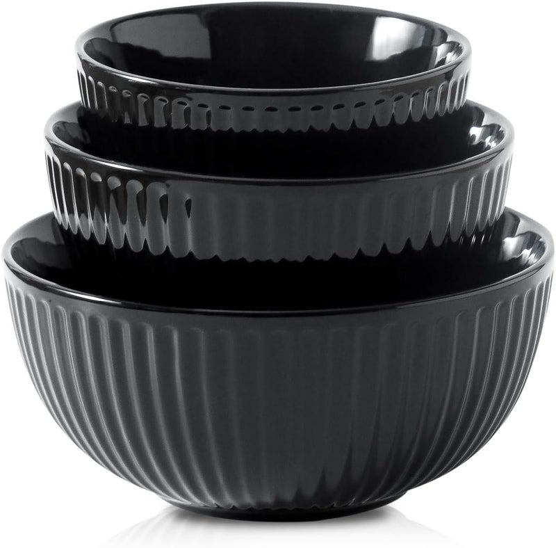 Hasense Small Mixing Bowls of 3 Porcelain Ribbed Black Bowls 15105 Qt For Kitchen Cooking Baking and Serving Prep Bowls for Salad Pasta Modern Kitchen Dish Dishwasher  Microwave Safe - Image 1