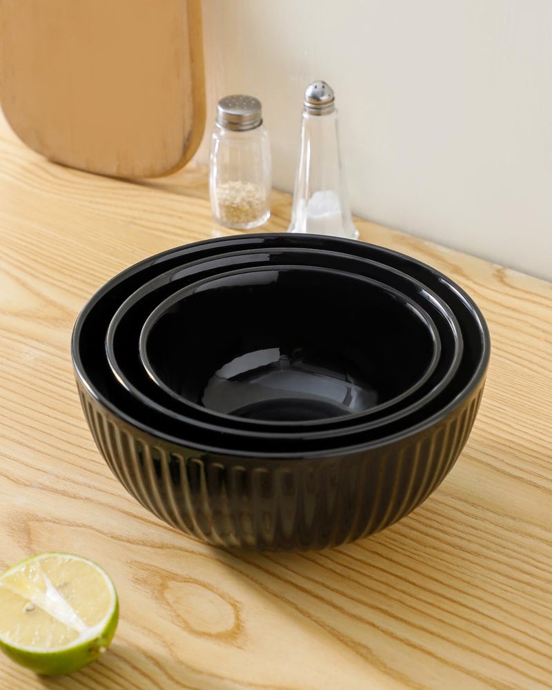Hasense Small Mixing Bowls of 3 Porcelain Ribbed Black Bowls 15105 Qt For Kitchen Cooking Baking and Serving Prep Bowls for Salad Pasta Modern Kitchen Dish Dishwasher  Microwave Safe - Image 5
