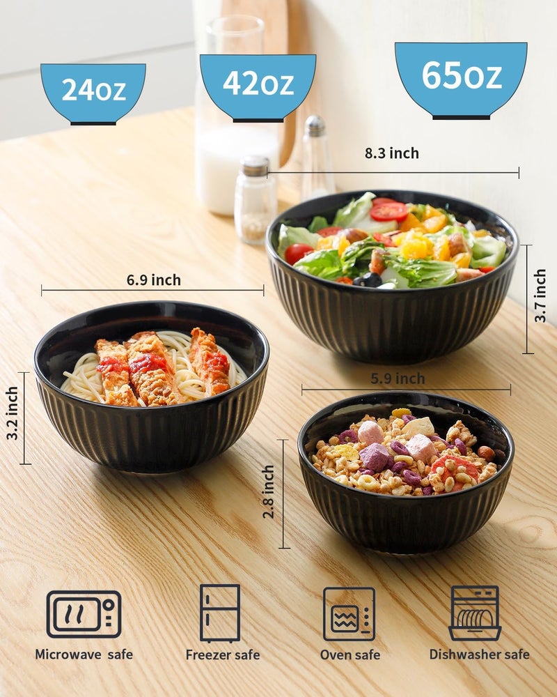 Hasense Small Mixing Bowls of 3 Porcelain Ribbed Black Bowls 15105 Qt For Kitchen Cooking Baking and Serving Prep Bowls for Salad Pasta Modern Kitchen Dish Dishwasher  Microwave Safe - Image 2