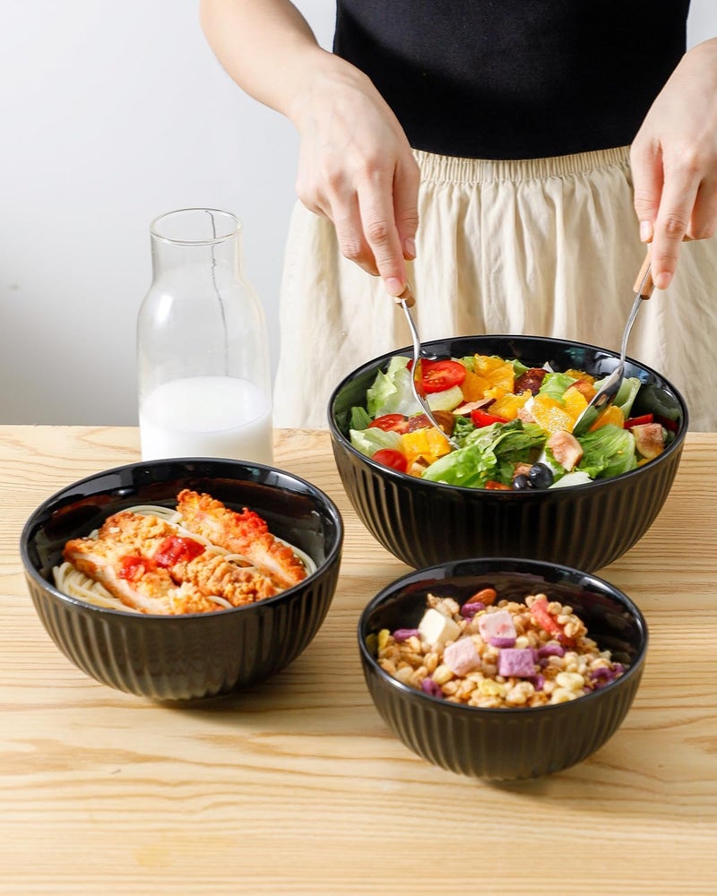 Hasense Small Mixing Bowls of 3 Porcelain Ribbed Black Bowls 15105 Qt For Kitchen Cooking Baking and Serving Prep Bowls for Salad Pasta Modern Kitchen Dish Dishwasher  Microwave Safe - Image 4