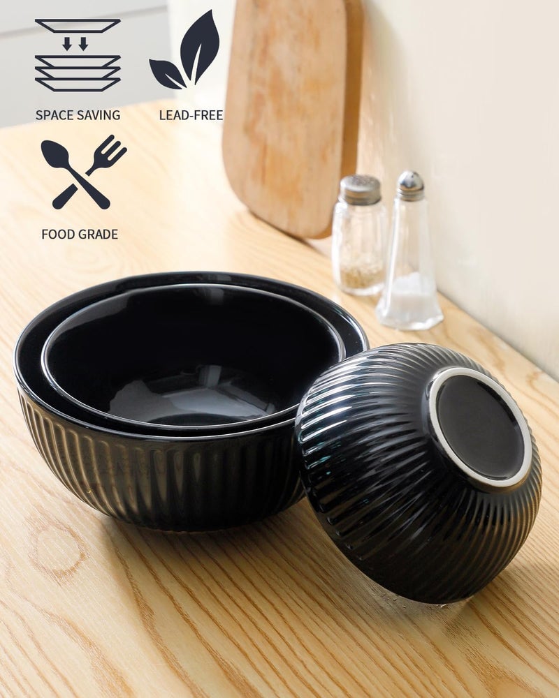 Hasense Small Mixing Bowls of 3 Porcelain Ribbed Black Bowls 15105 Qt For Kitchen Cooking Baking and Serving Prep Bowls for Salad Pasta Modern Kitchen Dish Dishwasher  Microwave Safe - Image 3