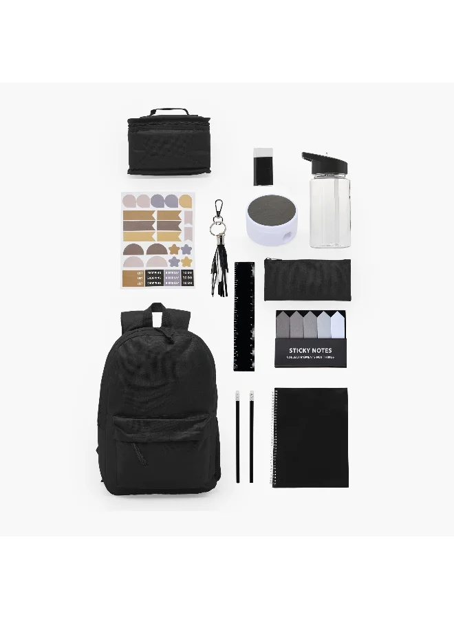 Lifestyle Backpack-Set Of 12-With Lunch Bag-Pencil Case.Water Bottle With Stationary Items- (Polyester) Black \ 32X45X13.5