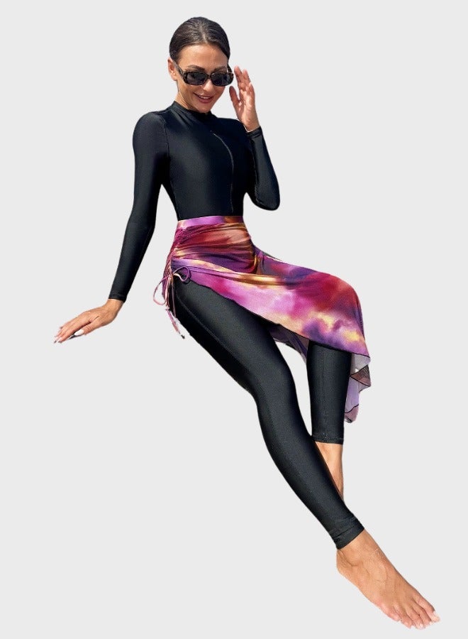 Fianser Burkini Swimsuit Set Long Sleeve One-Piece with Wrap Skirt Chiffon Sun Protection Zipper Conservative Swimwear for Diving Surfing Outdoor and Beach Use - Image 3