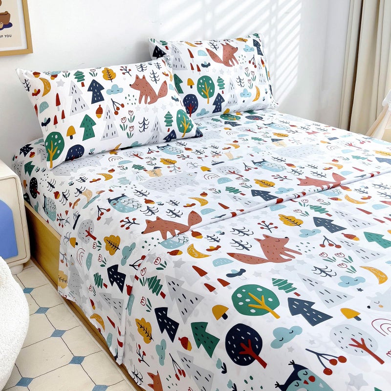 Homilay Full Sheet Set Kids - Cute Fox 4 Pieces Soft Microfiber Cartoon Style Bedsheets for Boys Girls Teens, Oeko TEX, Breathable Deep Pocket Sheets(Forest Animals) - Image 1