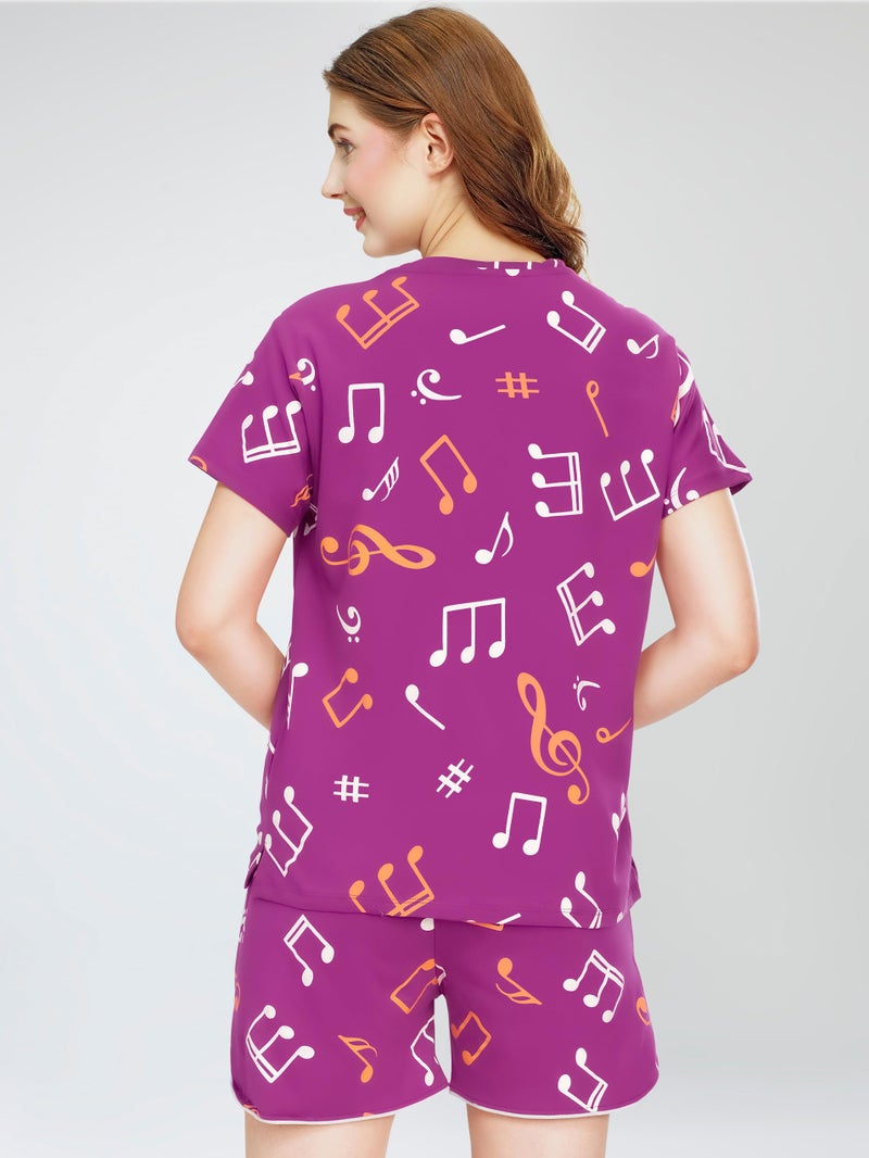 ZEYO Night Suit for Women's Purple Musical Note's Printed Cotton Night Dress of Top and Short's Set 5741 - Image 5