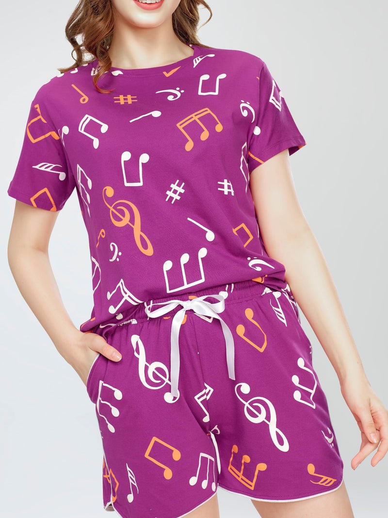 ZEYO Night Suit for Women's Purple Musical Note's Printed Cotton Night Dress of Top and Short's Set 5741 - Image 2