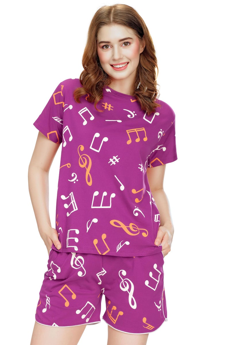 ZEYO Night Suit for Women's Purple Musical Note's Printed Cotton Night Dress of Top and Short's Set 5741 - Image 1