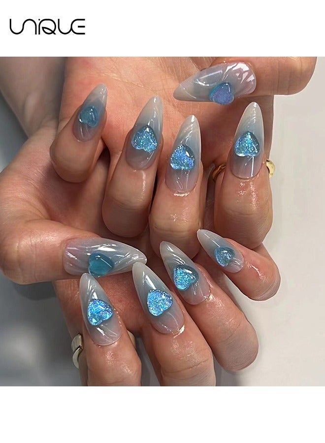 Unique 24Pcs Fake Nails, Press Nails, Long Almond Manicure - Gradient Blue Water Ripple Manicure - 3D Heart Manicure - Fake Nail Patch - Image 5