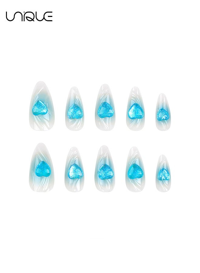 Unique 24Pcs Fake Nails, Press Nails, Long Almond Manicure - Gradient Blue Water Ripple Manicure - 3D Heart Manicure - Fake Nail Patch - Image 4