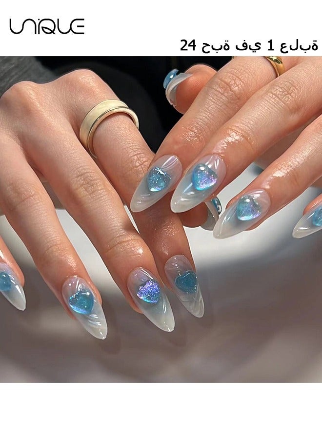 Unique 24Pcs Fake Nails, Press Nails, Long Almond Manicure - Gradient Blue Water Ripple Manicure - 3D Heart Manicure - Fake Nail Patch - Image 1