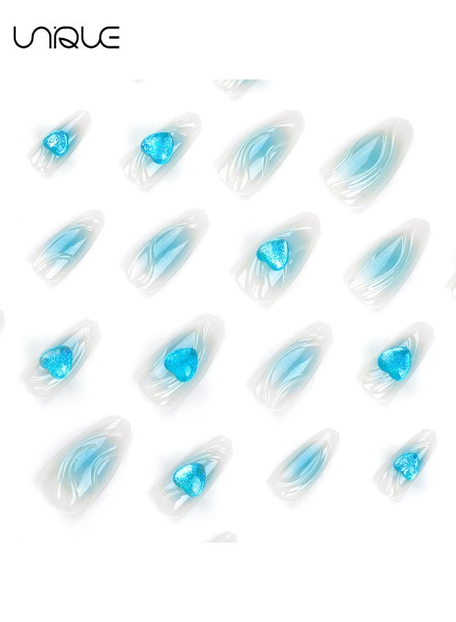 Unique 24Pcs Fake Nails, Press Nails, Long Almond Manicure - Gradient Blue Water Ripple Manicure - 3D Heart Manicure - Fake Nail Patch - Image 3
