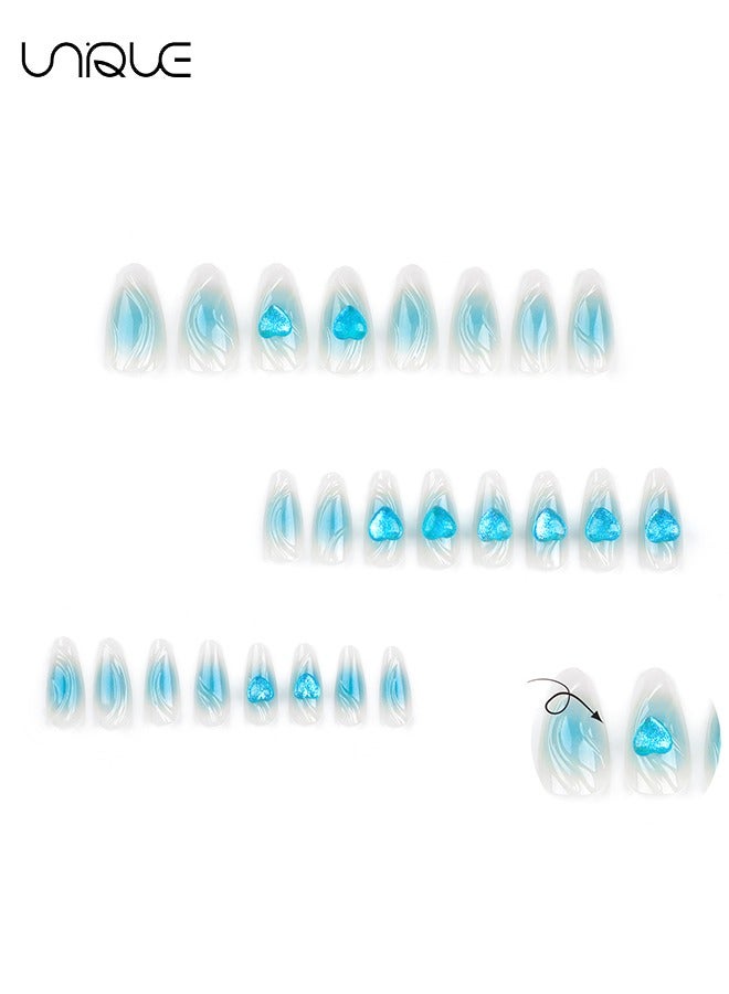 Unique 24Pcs Fake Nails, Press Nails, Long Almond Manicure - Gradient Blue Water Ripple Manicure - 3D Heart Manicure - Fake Nail Patch - Image 2