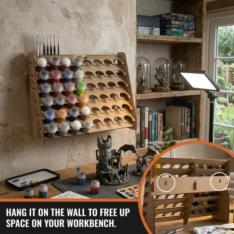 PROSCALE Wall Paint Rack Organizer for Miniatures & Modeling, Vertical Paint Stand with 33mm Pot Holes + Top Brush/Tool Holder, Compatible with Citadel (33mm) - Image 5