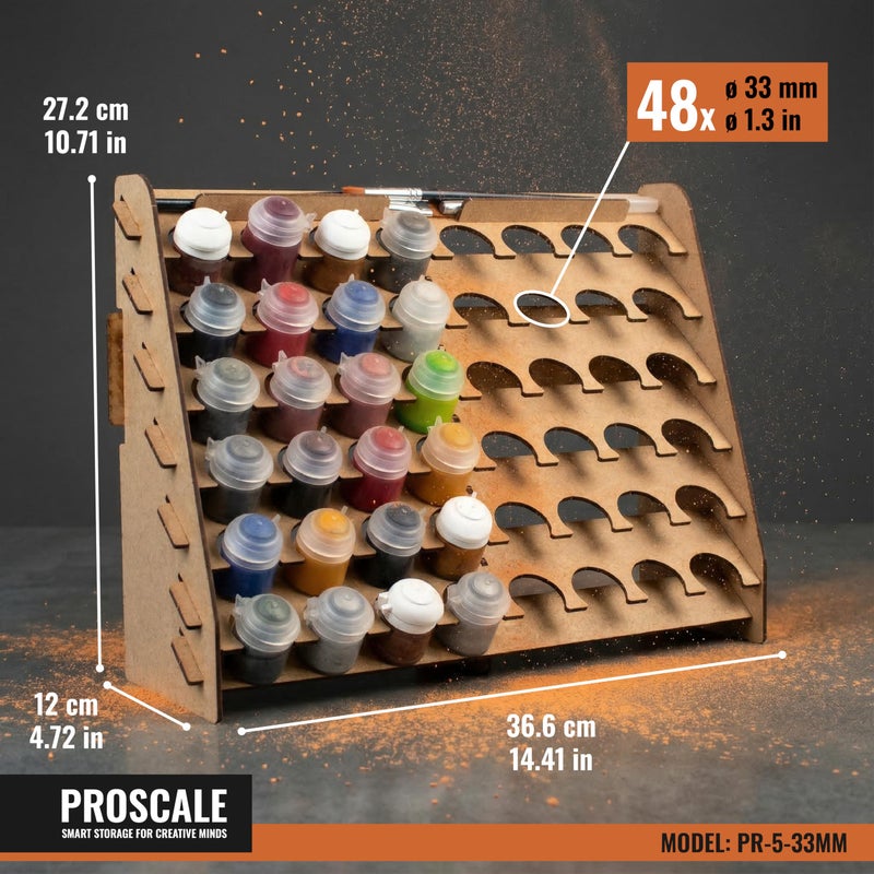 PROSCALE Wall Paint Rack Organizer for Miniatures & Modeling, Vertical Paint Stand with 33mm Pot Holes + Top Brush/Tool Holder, Compatible with Citadel (33mm) - Image 2