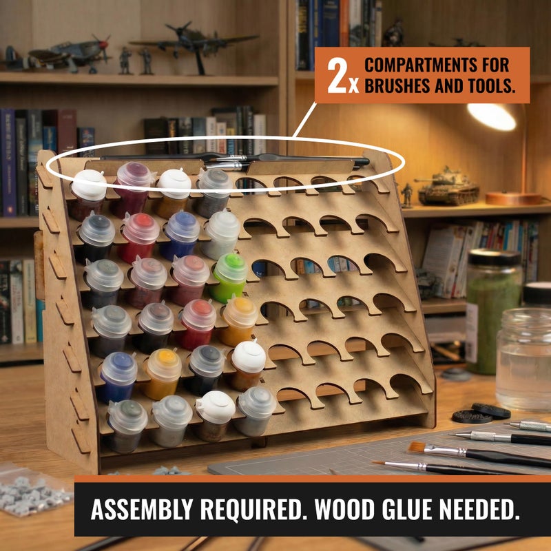 PROSCALE Wall Paint Rack Organizer for Miniatures & Modeling, Vertical Paint Stand with 33mm Pot Holes + Top Brush/Tool Holder, Compatible with Citadel (33mm) - Image 3