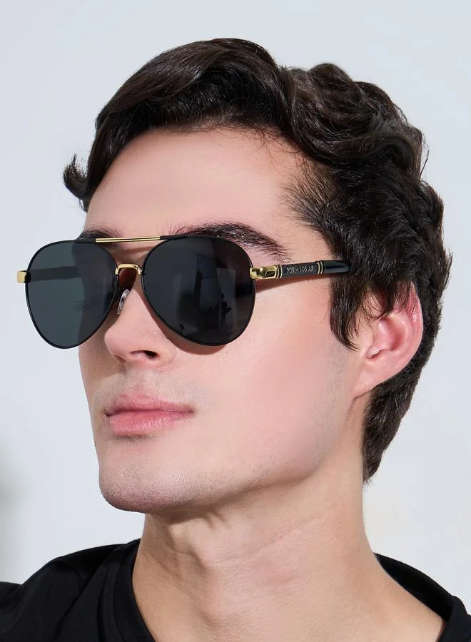 Styli Black Double Bridge Aviator Sunglasses with Gold Details