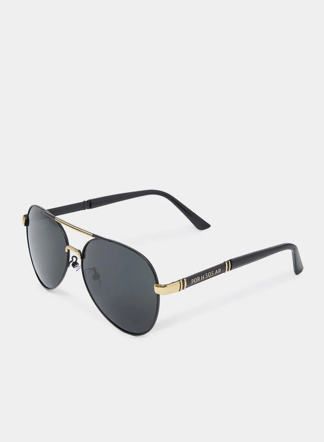 Styli Black Double Bridge Aviator Sunglasses with Gold Details