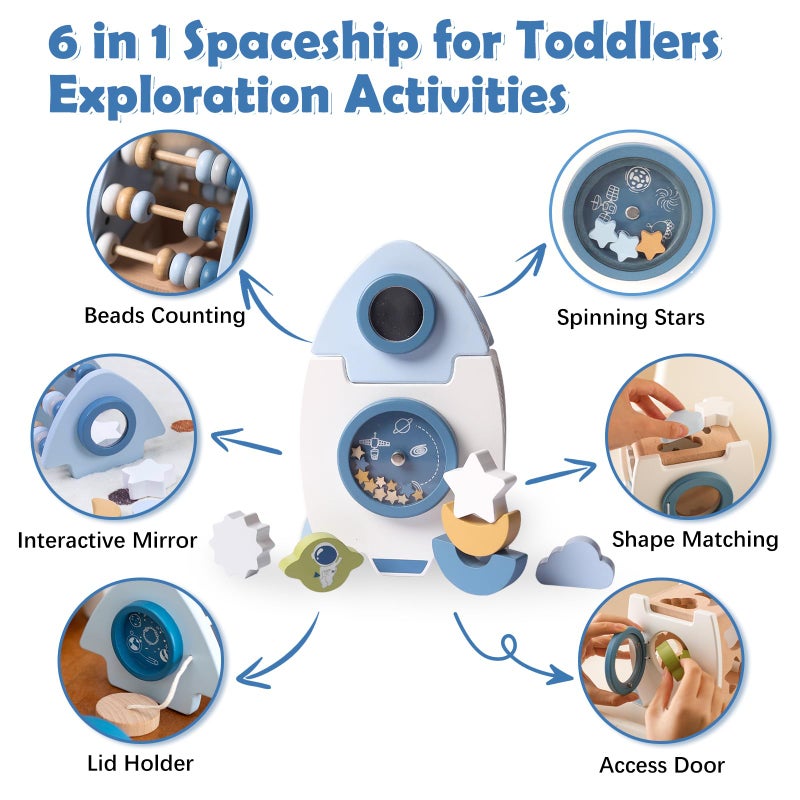 Smartwo Wooden Space Toy for Baby, Montessori Toys for Babies, Toddler Rocket Toy, Sensory Activity Cube Learning Game, 1st Birthday Gift for Boys and Girls - Image 2