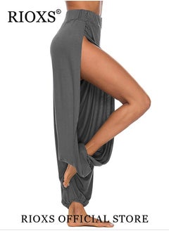RIOXS Cropped Pants Harem Bouffant Soft Loose Yoga Pilates Pants Side Split Trousers  - Image 2