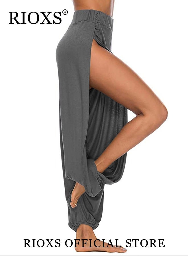 RIOXS Cropped Pants Harem Bouffant Soft Loose Yoga Pilates Pants Side Split Trousers, High Waist Harem Pants For Women Yoga, Stretchy Wide Leg Trousers Gym To Street, Side Split Lounge Pants With Elastic Band  - Image 2