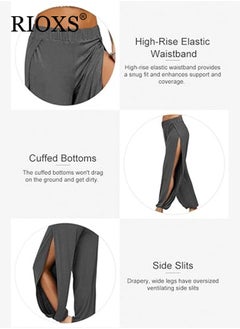 RIOXS Cropped Pants Harem Bouffant Soft Loose Yoga Pilates Pants Side Split Trousers  - Image 3