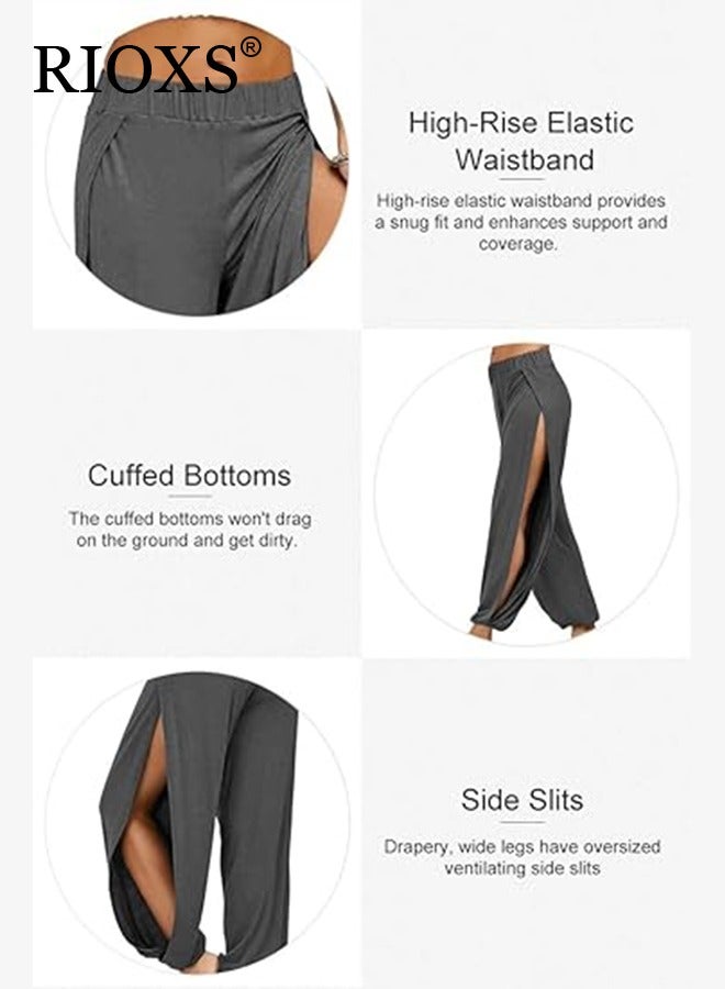RIOXS Cropped Pants Harem Bouffant Soft Loose Yoga Pilates Pants Side Split Trousers, High Waist Harem Pants For Women Yoga, Stretchy Wide Leg Trousers Gym To Street, Side Split Lounge Pants With Elastic Band  - Image 3