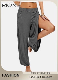 RIOXS Cropped Pants Harem Bouffant Soft Loose Yoga Pilates Pants Side Split Trousers  - Image 1
