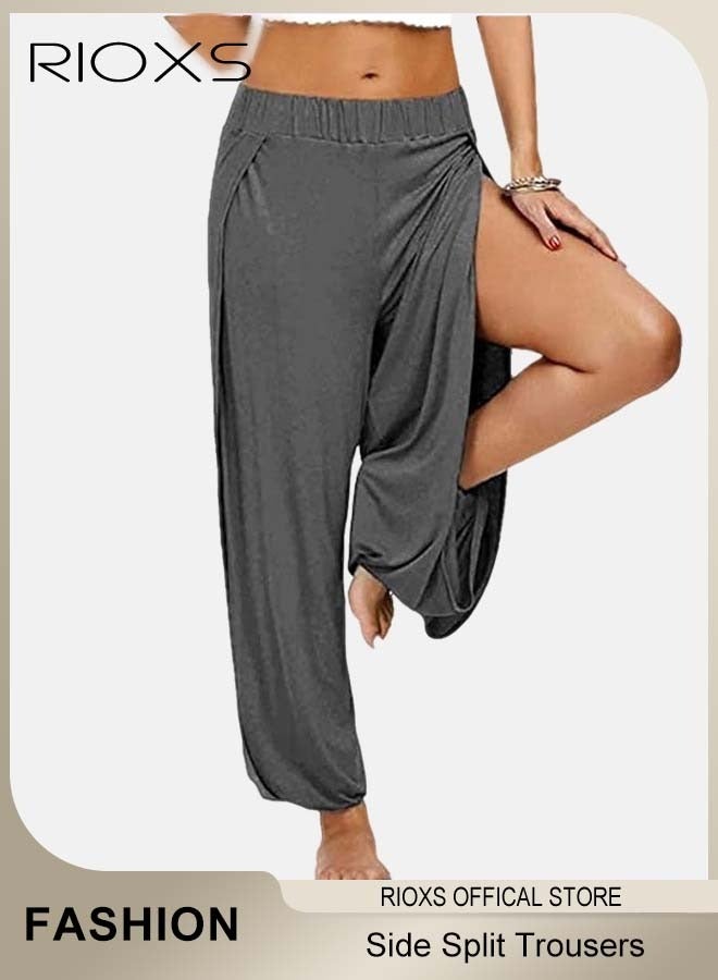 RIOXS Cropped Pants Harem Bouffant Soft Loose Yoga Pilates Pants Side Split Trousers, High Waist Harem Pants For Women Yoga, Stretchy Wide Leg Trousers Gym To Street, Side Split Lounge Pants With Elastic Band  - Image 1