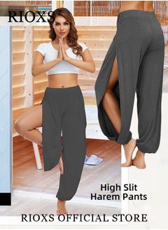RIOXS Cropped Pants Harem Bouffant Soft Loose Yoga Pilates Pants Side Split Trousers  - Image 5