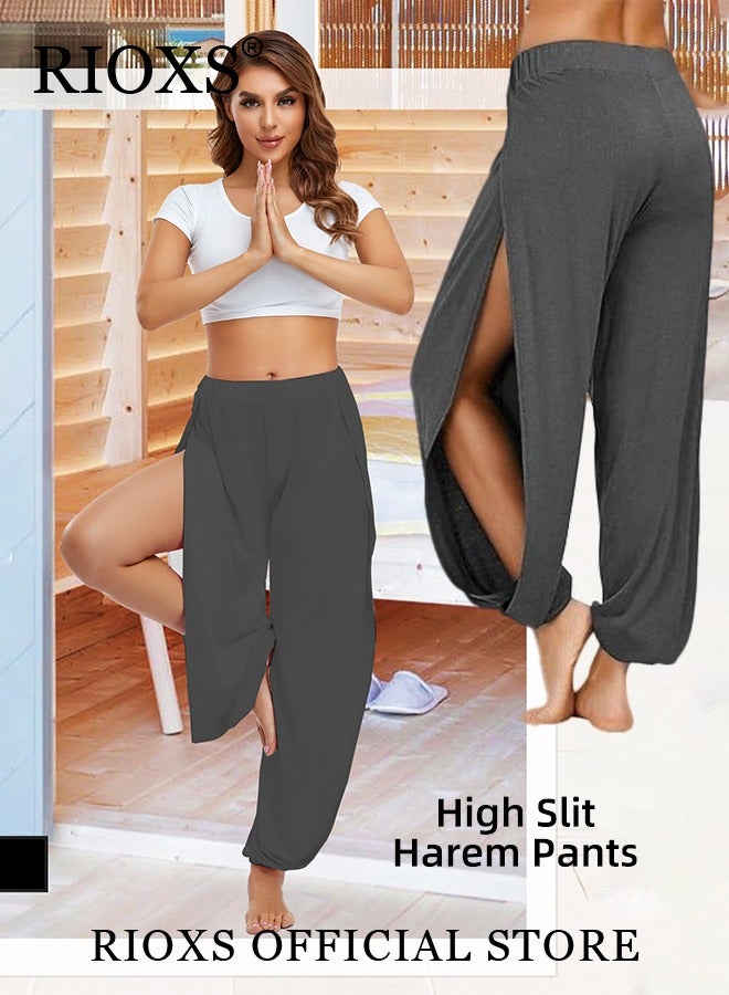 RIOXS Cropped Pants Harem Bouffant Soft Loose Yoga Pilates Pants Side Split Trousers, High Waist Harem Pants For Women Yoga, Stretchy Wide Leg Trousers Gym To Street, Side Split Lounge Pants With Elastic Band  - Image 5