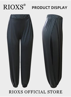 RIOXS Cropped Pants Harem Bouffant Soft Loose Yoga Pilates Pants Side Split Trousers  - Image 4