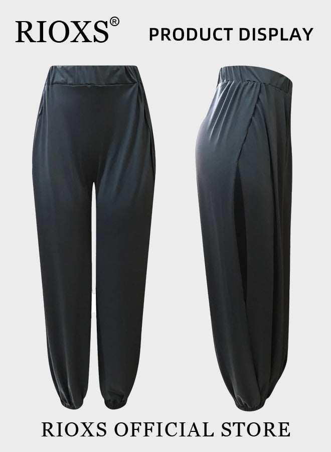 RIOXS Cropped Pants Harem Bouffant Soft Loose Yoga Pilates Pants Side Split Trousers, High Waist Harem Pants For Women Yoga, Stretchy Wide Leg Trousers Gym To Street, Side Split Lounge Pants With Elastic Band  - Image 4