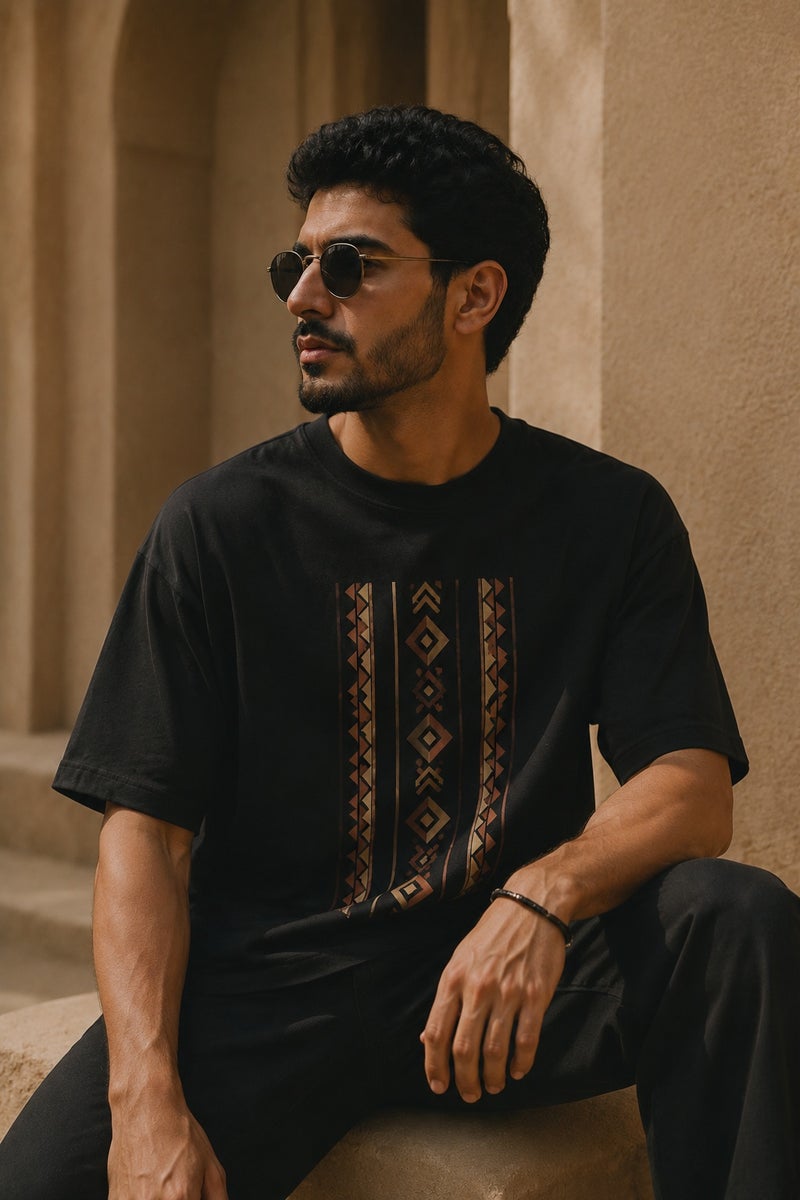 Men's Black Oversized Geometric Print T-Shirt Casual Short Sleeve Crew Neck Streetwear Tee - Image 4