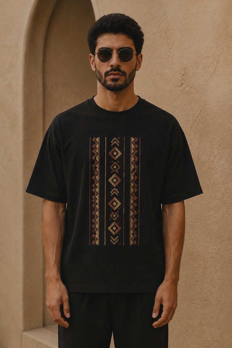 Men's Black Oversized Geometric Print T-Shirt Casual Short Sleeve Crew Neck Streetwear Tee - Image 2
