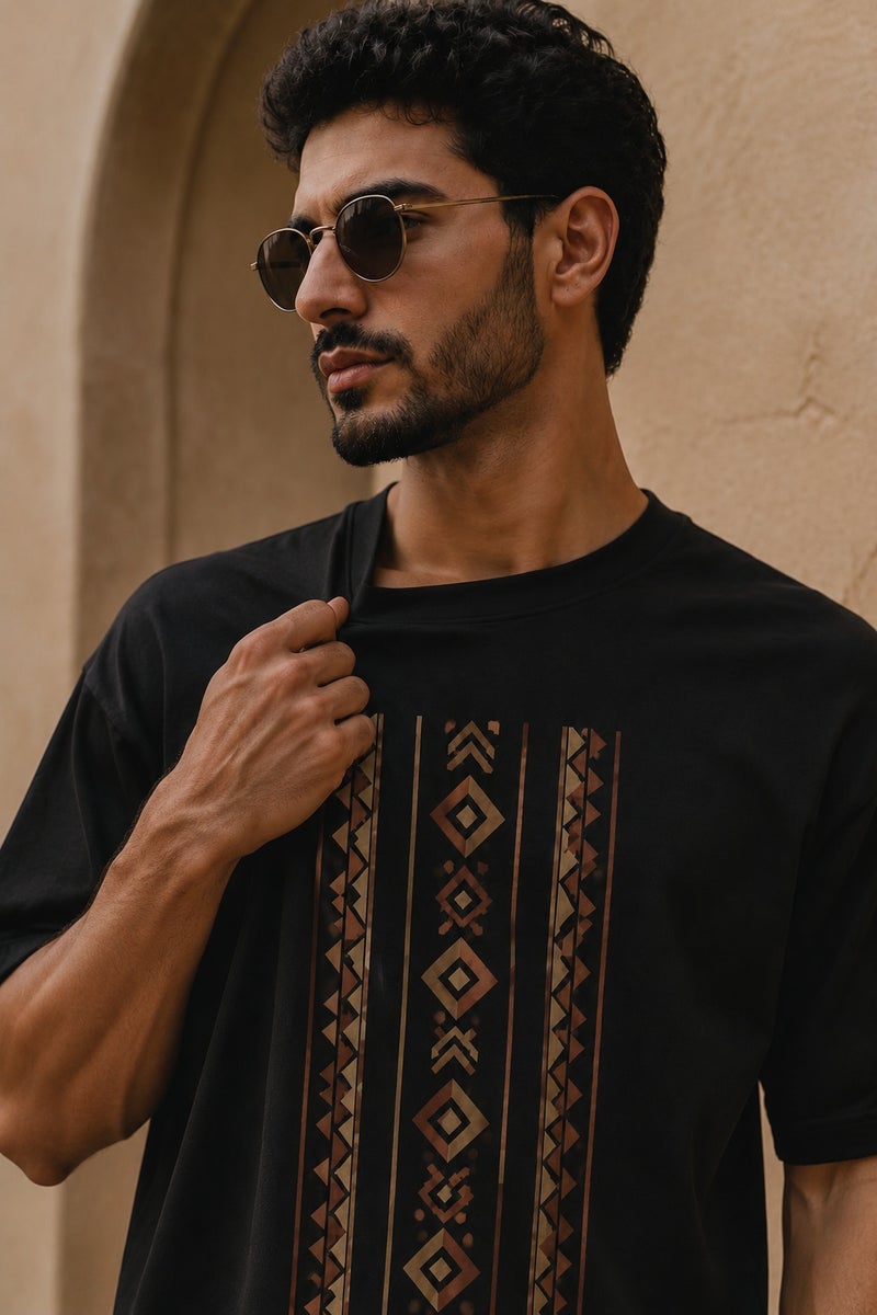 Men's Black Oversized Geometric Print T-Shirt Casual Short Sleeve Crew Neck Streetwear Tee - Image 5