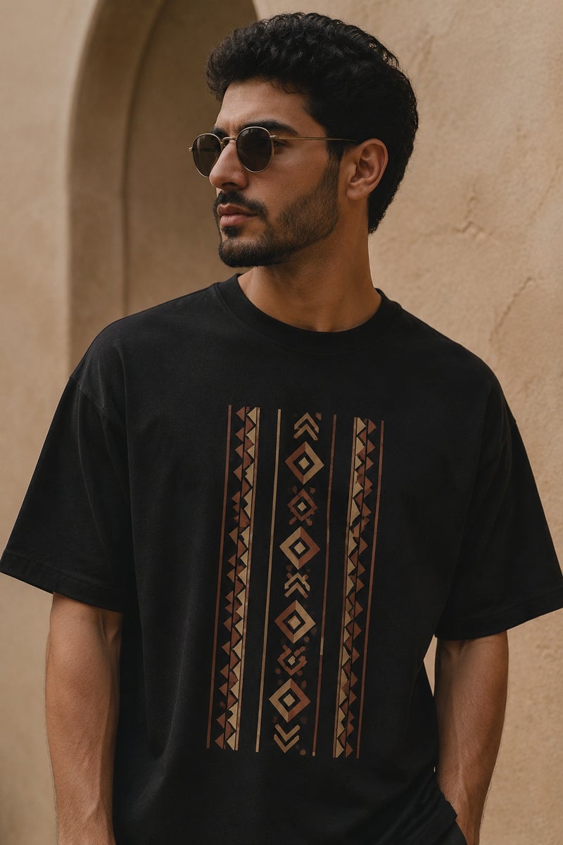 Men's Black Oversized Geometric Print T-Shirt Casual Short Sleeve Crew Neck Streetwear Tee - Image 1