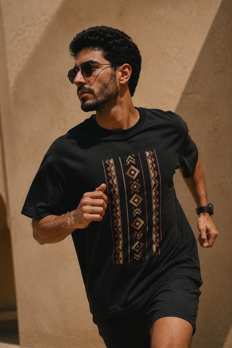 Men's Black Oversized Geometric Print T-Shirt Casual Short Sleeve Crew Neck Streetwear Tee - Image 3