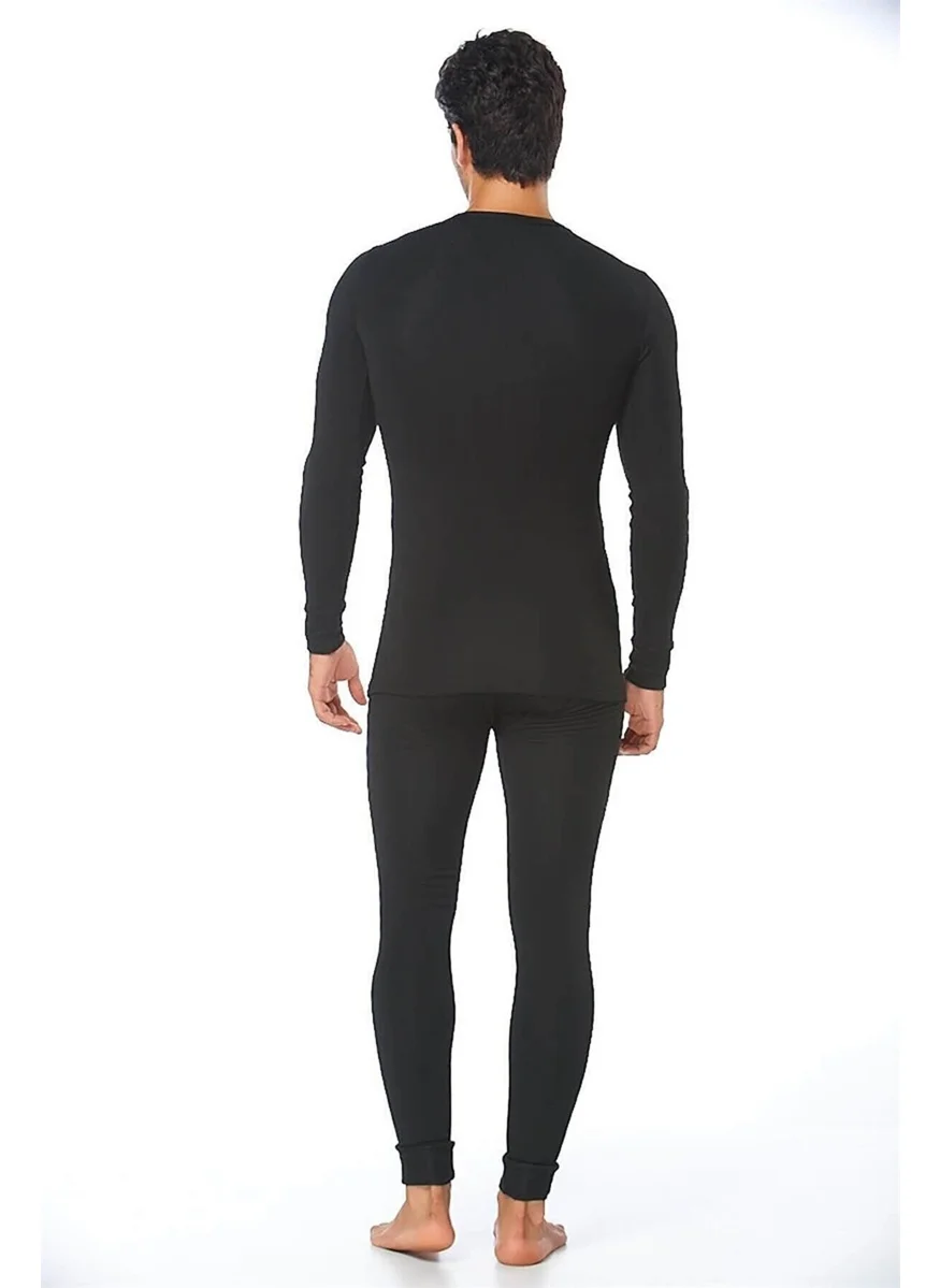 Hasyün 4001&4002 Men's Long Sleeve Thermal Wool Underwear Set-Black