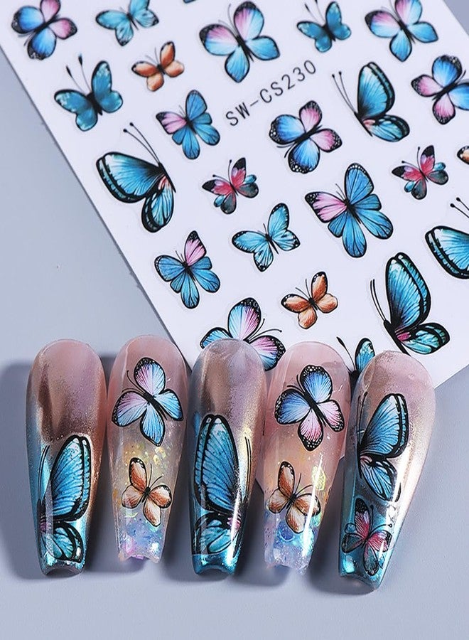 Butterfly Nail Art Stickers Gold Blue Nail Stickers 3D Spring Nail Decals Gold Self-Adhesive Nails Art Supplies Neon Design Sticker DIY Manicure Decoration Accessories for Women 6Pcs - Image 4