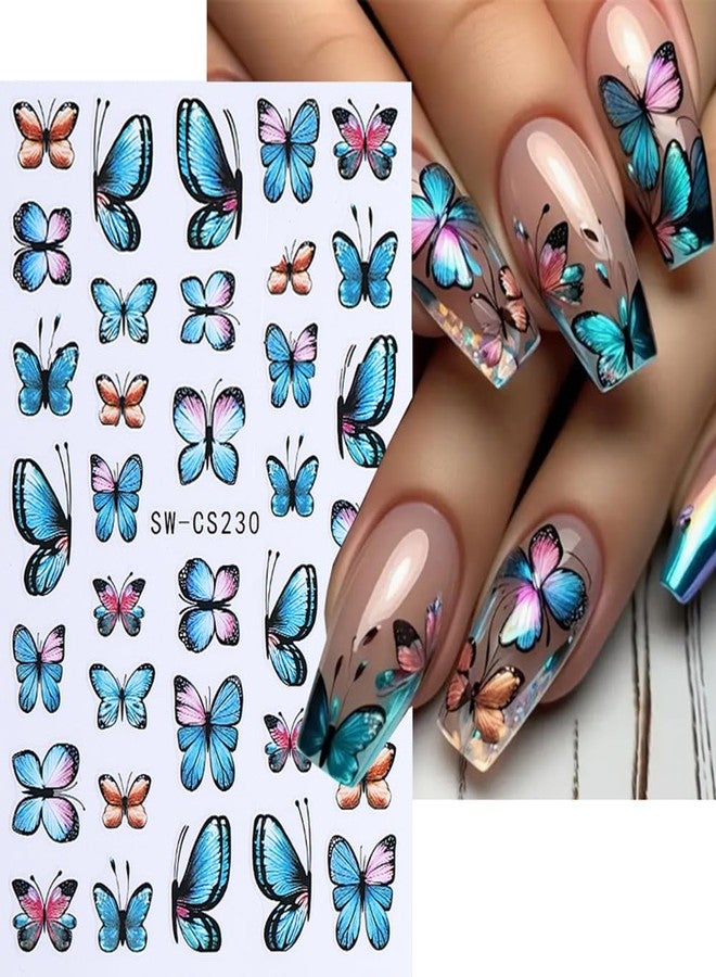 Butterfly Nail Art Stickers Gold Blue Nail Stickers 3D Spring Nail Decals Gold Self-Adhesive Nails Art Supplies Neon Design Sticker DIY Manicure Decoration Accessories for Women 6Pcs - Image 3