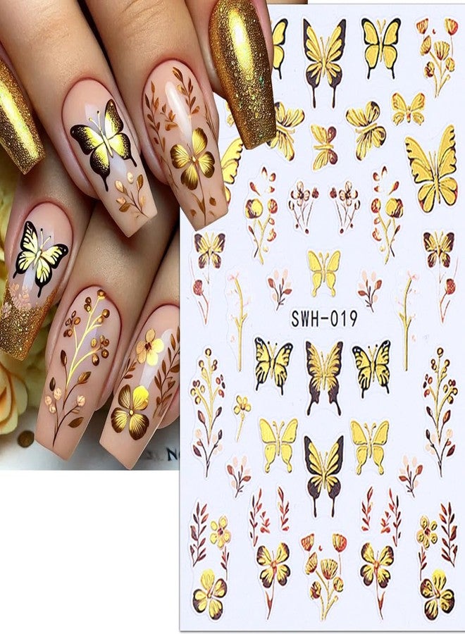 Butterfly Nail Art Stickers Gold Blue Nail Stickers 3D Spring Nail Decals Gold Self-Adhesive Nails Art Supplies Neon Design Sticker DIY Manicure Decoration Accessories for Women 6Pcs - Image 2