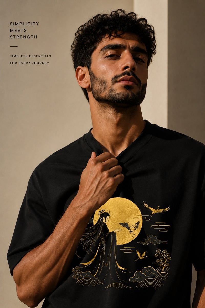 Men's Black Oversized Japanese Moon Graphic T-Shirt Casual Short Sleeve Crew Neck Streetwear Tee - Image 5