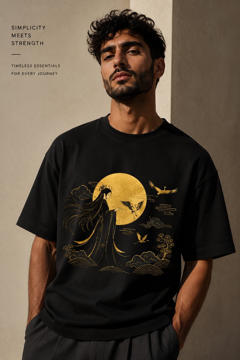 Men's Black Oversized Japanese Moon Graphic T-Shirt Casual Short Sleeve Crew Neck Streetwear Tee - Image 1