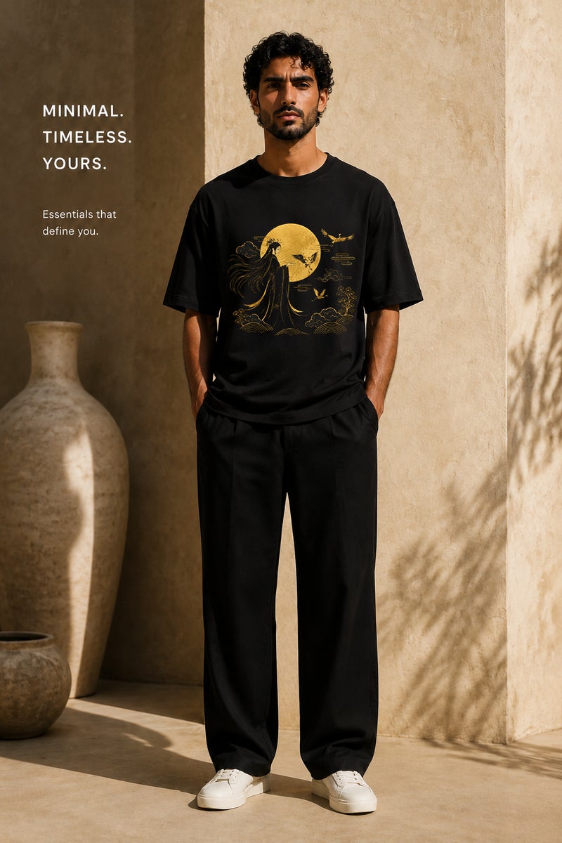 Men's Black Oversized Japanese Moon Graphic T-Shirt Casual Short Sleeve Crew Neck Streetwear Tee - Image 2